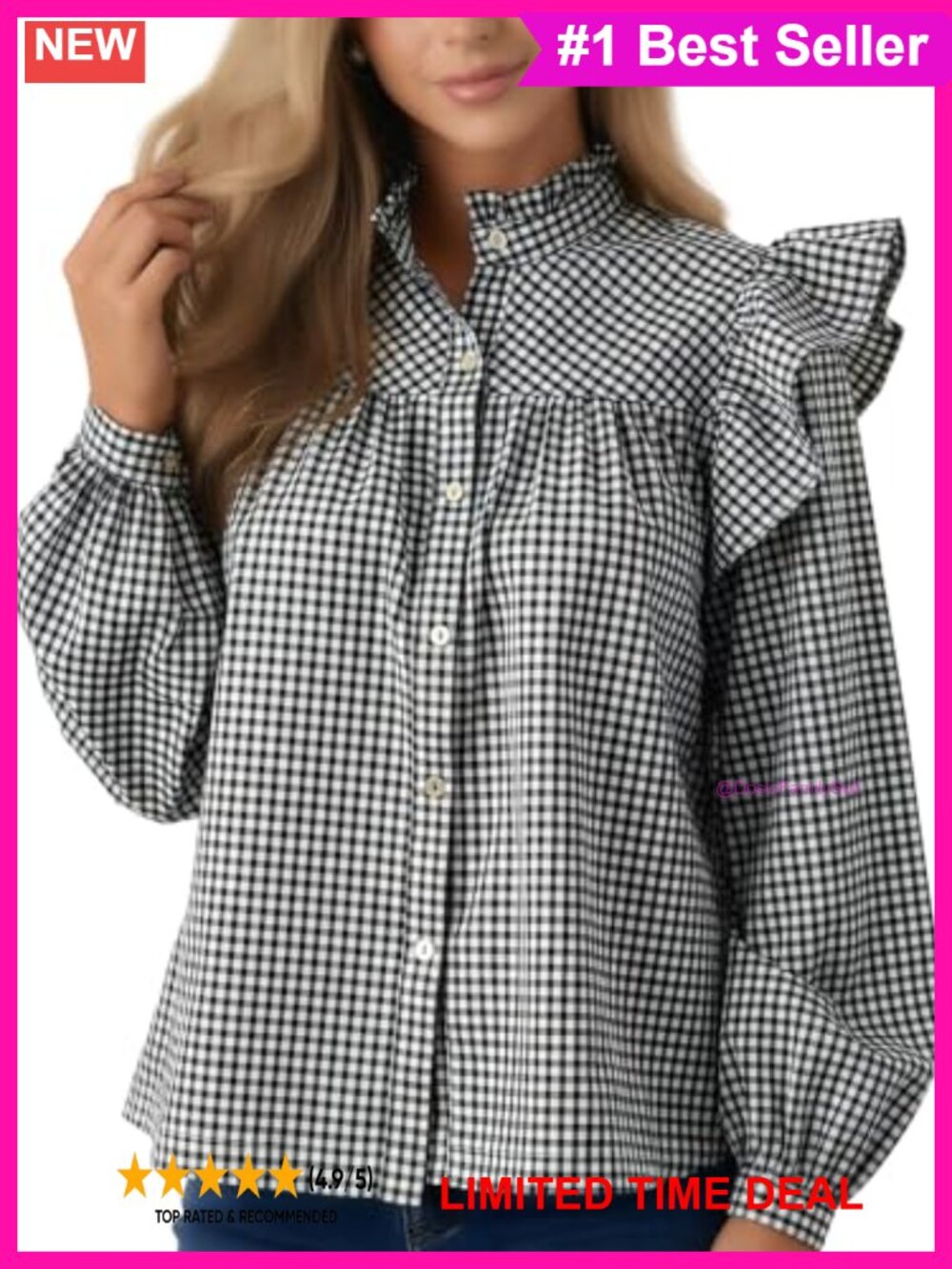 Plaid Ruffle Button Down Shirt Puff Long Sleeve Collared Blouse